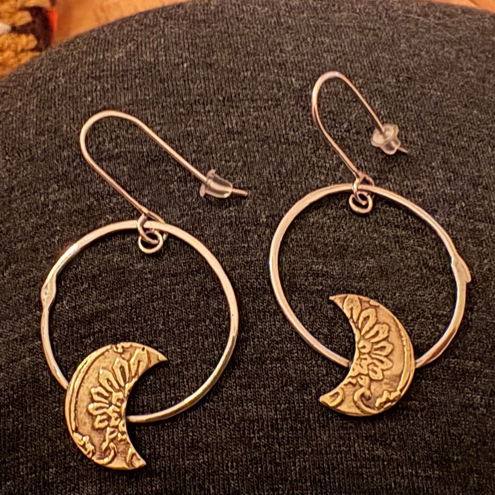 Sterling Silver and Copper Crescent Moon Earrings